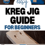 Composite image displaying a step-by-step guide for beginners on how to use a Kreg Jig for woodworking. The image includes close-ups of the Kreg Jig tool, a drill, screws, and wood pieces. Text on the image reads "Easy Kreg Jig Guide for Beginners" and shows the website "www.christeneholderhome.com".