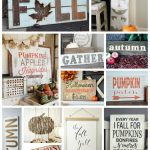 A collage of fall-themed decorations and signs, featuring words like "FALL," "Pumpkins," "Gather," and "Autumn." The images include DIY Fall Signs, pumpkins, leaves, and rustic decor items. Some signs are painted on wood, and others are displayed alongside fall produce in cozy settings.