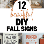 A collage of five DIY fall signs, featuring phrases like "Pumpkins Apples Hayrides," "It's Fall Y'all," "I Fall For Pumpkins Bonfires S’mores Autumn Leaves Apples & You," and "Pumpkin Patch." Overall text reads "12 beautiful DIY Fall Signs." The URL at the bottom is "ChristeneHolderHome.com.