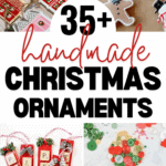 Collage of handmade Christmas ornaments, featuring gingerbread men cookie garland, paper houses, button wreaths, scrabble tile peace signs, and a clear ball with pine. Text reads "35+ handmade Christmas ornaments," with a website URL displayed at the bottom.