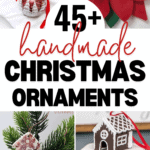 A collage showcases Christmas ornaments: knitted balls, a felt poinsettia, a gingerbread men cookie garland, a festive tree cookie, and candy. The text reads "45+ handmade Christmas ornaments" with a website link at the bottom.