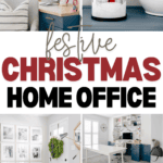 Festive Christmas-themed home office decor collage, featuring a decorated mantle, gingerbread men cookie garland, candle with tree design, holiday gallery wall, office with wreath, and greenery. Text reads "Festive Christmas Home Office.