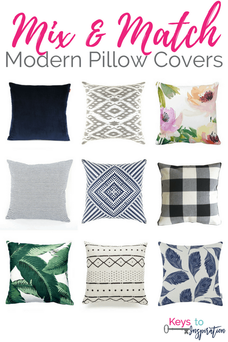 A collection of nine modern pillow covers with various designs and patterns, including solid navy, geometric, floral, striped, buffalo plaid, tropical leaves, and Aztec prints. Displayed under the title "Mix & Match Modern Pillow Covers," they perfectly accentuate any space.