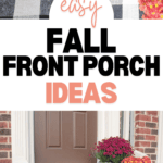 A fall-themed front porch with a white pumpkin on a black and white checkered rug. Bright pink and orange flowers in white baskets create a stunning fall floral arrangement near a brown door. Text reads "easy FALL FRONT PORCH IDEAS". Website "WWW.CHRISTENEHOLDERHOME.COM" is at the bottom.