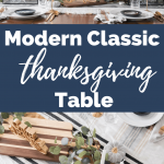 Elegant modern Thanksgiving table setup with a mix of gold and black accents. The table features a chic centerpiece, stylish dinnerware, candles, and greenery. Text overlay reads "Modern Classic Thanksgiving Table." Branding at the bottom shows "Keys to Inspiration.