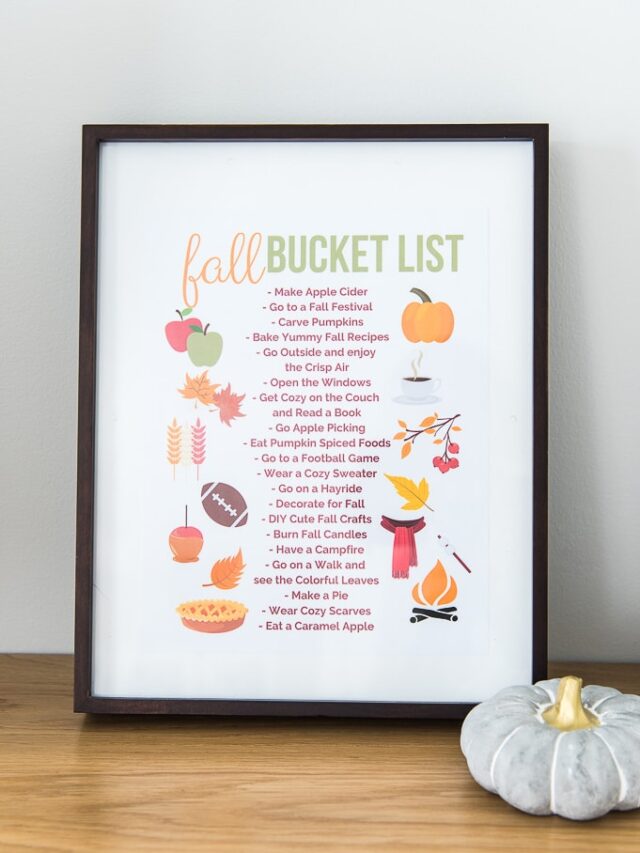 fall bucket list printable in a frame with a pumpkin