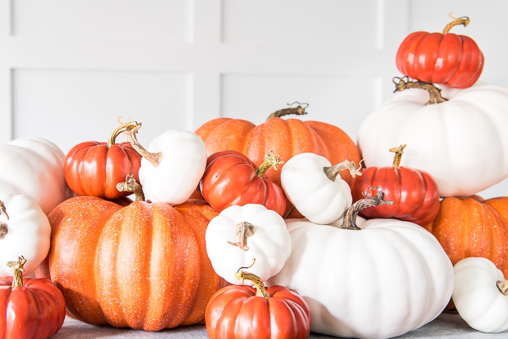 orange and white pumpkin pile centerpiece