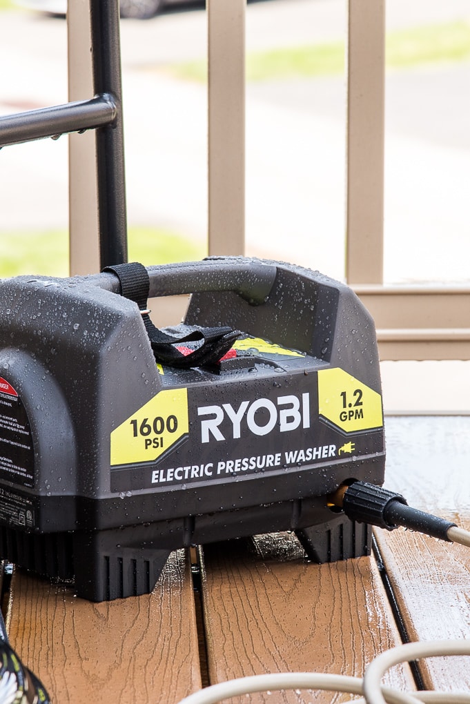 close up of Ryobi power washer on deck outside