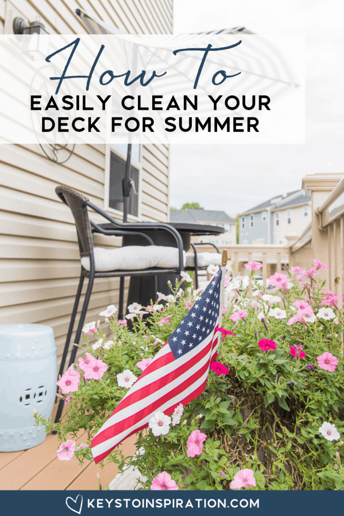 How to clean your deck for summer outdoor porch with furniture flowers and American flag