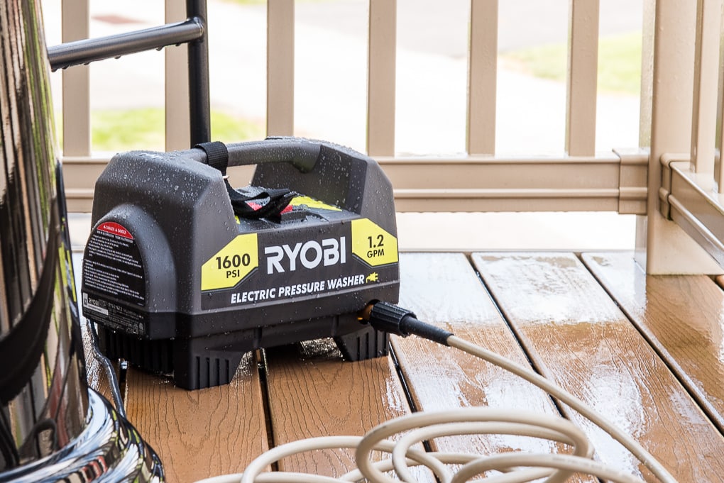 Ryobi power washer on deck in use