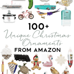 A captivating collage displays over 100 unique Christmas ornaments from Amazon, with designs ranging from a gingerbread house and Santa Claus to a snowflake, flamingo, bicycle, and more.