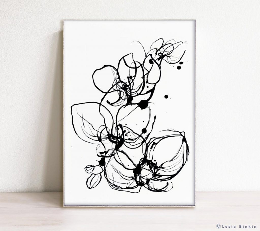 floral black and white abstract art print digital download