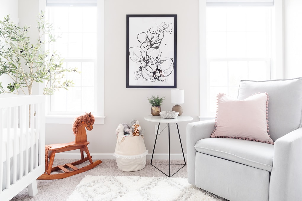 large modern floral art print framed in a neutral modern nursery