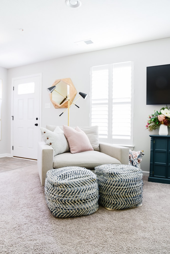 west elm harmony chair with blue poufs