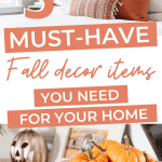 A cozy, fall-themed scene featuring a bed with white linens and orange pillows. Below, a wooden bowl filled with small pumpkins and a lit jack-o'-lantern are placed on a table. Text reads: "5 Must-Have Fall Home Decor Items You Need for Your Home."
