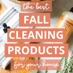 A wicker basket of apples, bottles of cleaning products, a striped towel, and a wooden cutting board are placed on a white surface. Text overlay reads, "The Best Fall Cleaning Products For Your Home." The URL "keystoinspiration.com" is visible at the bottom.