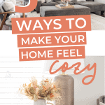 A stylish living room features a large gray sectional sofa with pillows and blankets, a coffee table, and warm lighting. Below, a close-up of a table lamp, a white vase with flowers, and a small pumpkin. Text overlay reads "How to Make Your Home Feel Insanely Cozy This Fall.