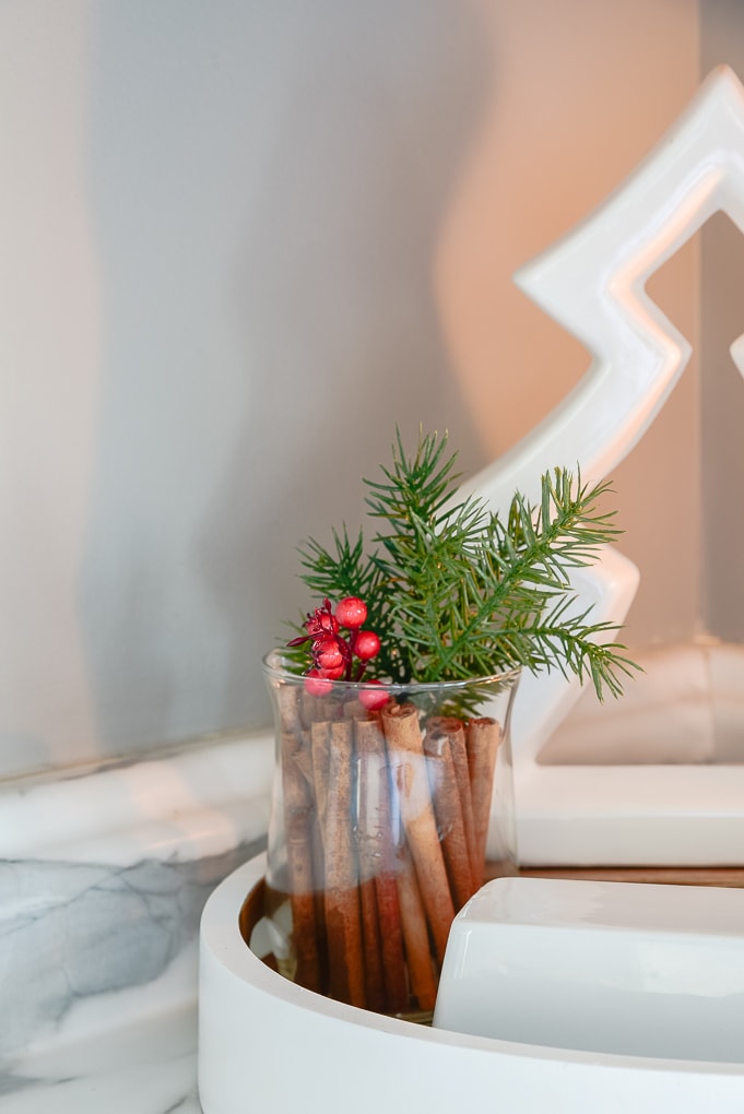 clear small vase with cinnamon sticks and Christmas greenery