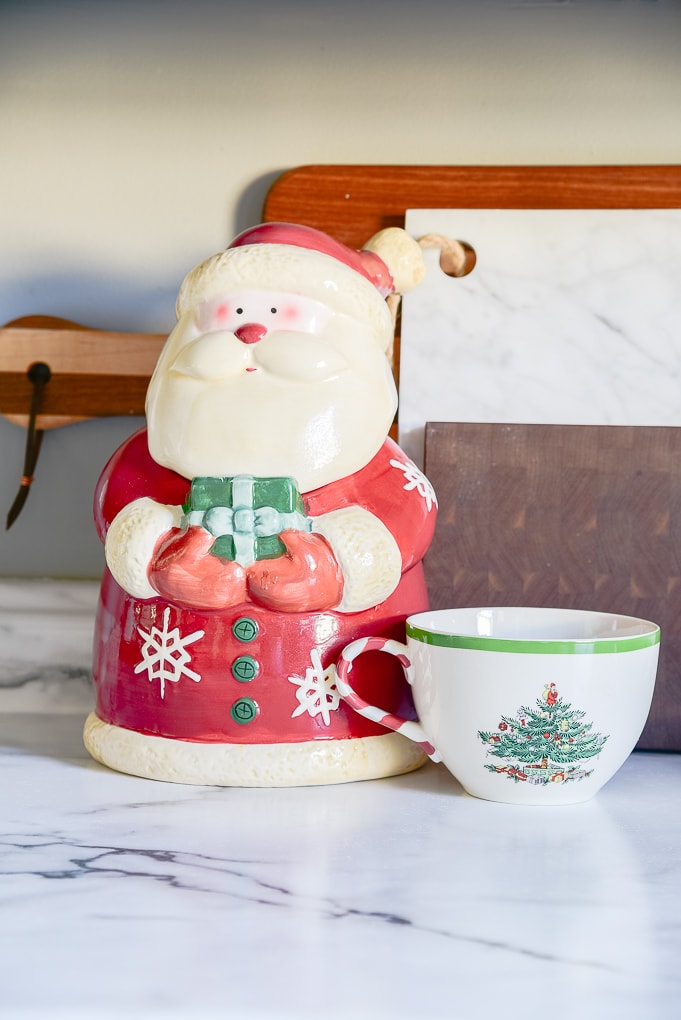 Santa cookie jar in kitchen next to spode coffee mug