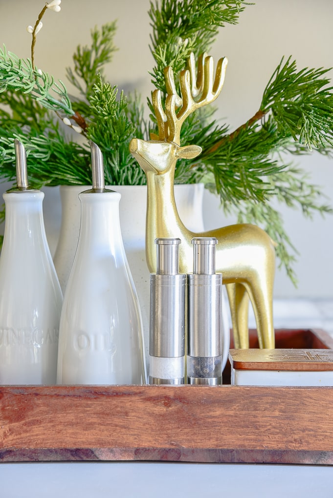 gold reindeer figurine in kitchen decor tray