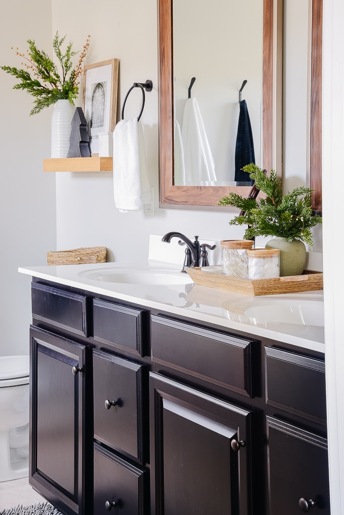 master bathroom cabinets decorated for christmas