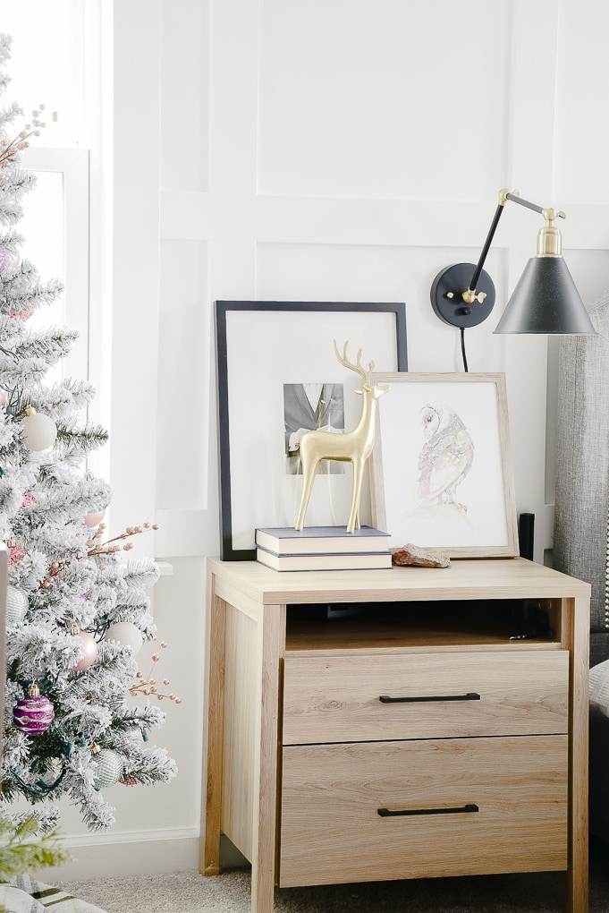 master bedroom nightstand decorated for Christmas