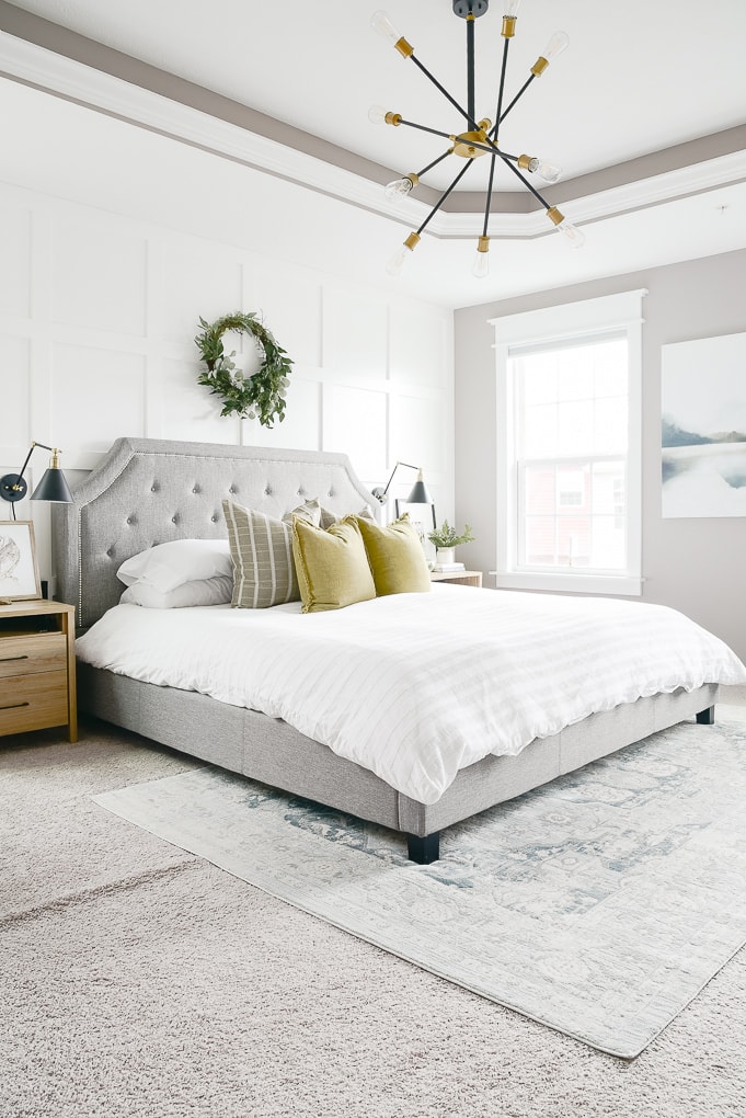 modern natural christmas master bedroom decorated