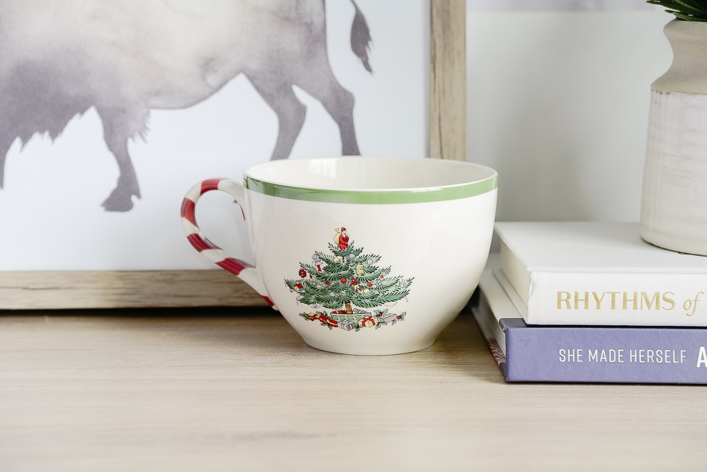 spode christmas mug on nightstand