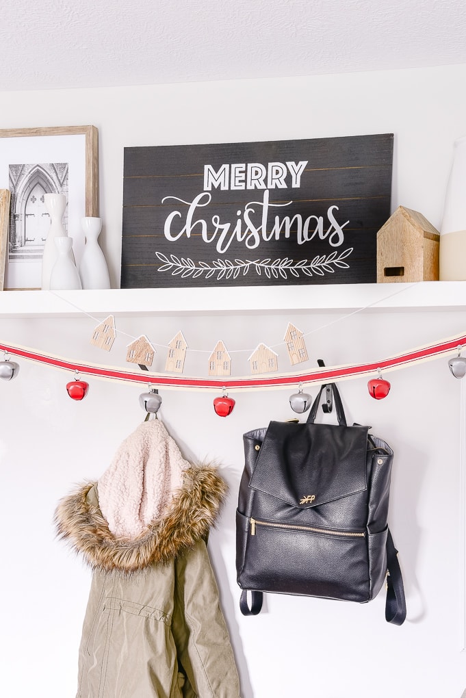 merry christmas black and white sign in Christmas mudroom