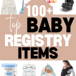 A collage titled "100+ Top Baby Registry Items" showcases essential baby products like a divided plate, growth chart, diaper caddy, swaddle, baby monitor, car seat, lotion, anti-colic bottles, play gym, stroller, crib, and baby carrier. Discover more at christeneholderhome.com.