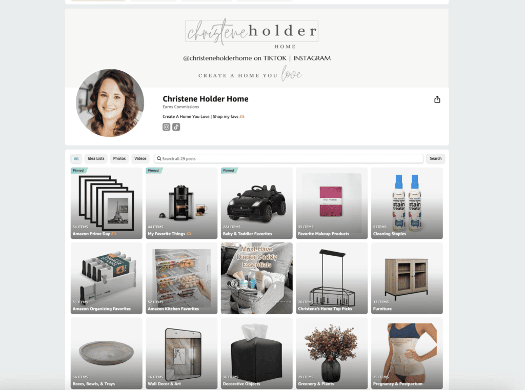 Image showing a profile page from a retail website. The profile, named "Christene Holder Home," features a user photo and links to social media. Below are categories showcasing various products such as home decor, beauty products, kids' toys, and cleaning supplies, perfect for Amazon Prime Day Deals for your Home.