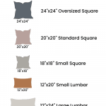 An informative chart titled "Throw Pillow Sizes" displays six different pillow sizes with corresponding dimensions and shapes. From top to bottom: 24"x24" oversized square, 20"x20" standard square, 18"x18" small square, 12"x20" small lumbar, and 12"x24" large lumbar—ideal for various Throw Pillow Cover Combinations.