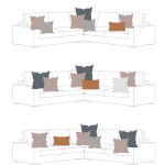 An infographic titled "Throw Pillows on a Sectional" shows three sectional sofas, each arranged with different throw pillow cover combinations. The bottom includes a website address: christeneholderhome.com.