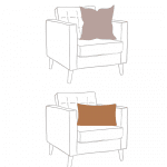 A minimalist graphic displaying throw pillow cover combinations on a chair. The top chair features two square pillows: one gray and one pink. The bottom chair showcases a single rectangular, brown pillow. Text reads "Throw Pillows on a Chair" with a link below: christeneholderhome.com.