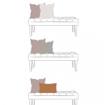 Illustration of three benches, each showcasing unique throw pillow cover combinations. The top bench has three pillows in neutral colors, the middle bench displays three in warm tones, and the bottom bench features two pillows: one in warm brown and the other in light pink.