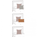 A simple guide on arranging throw pillows on a bed, featuring three different setups. The top setup shows two pillows, one brown and one gray. The middle setup has two brown pillows with one darker brown pillow in front. The bottom setup showcases creative throw pillow cover combinations: two gray and one purple in front. At the bottom, "christenholderhome.com" is written.