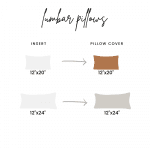 A size guide for lumbar throw pillows details the perfect throw pillow cover combinations: a 12"x20" insert pairs with a 12"x20" cover, and a 12"x24" insert pairs with a 12"x24" cover. Visit chrisseneholderhome.com for more information.