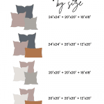 An infographic titled "Throw Pillow Groupings by Size" showcases various throw pillow cover combinations with differently sized pillows. It includes four arrangements: 24"x24" + 20"x20" + 18"x18", 24"x24" + 20"x20" + 12"x20", 24"x24" + 20"x20" + 18"x18" + 