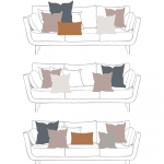 A guide showing three different layouts for arranging throw pillows on a couch. The top layout has five pillows: three grey and two white. The middle layout combines Throw Pillow Cover Combinations with five pillows: two white, one navy, and two grey. The bottom layout has five pillows: three grey and two rust-colored.