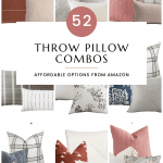 Image featuring an assortment of 15 throw pillows in various colors, patterns, and textures, arranged against a white background. The text "52 Throw Pillow Cover Combinations - Affordable Options from Amazon" is displayed in the center. A web address ChristeneHolderHome.com is at the bottom.