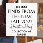 A woman with long dark hair stands next to a dining table, arranging candles. Overlaid text reads, "The Best Finds from the New Fall 2022 Hearth and Hand with Magnolia Collection at Target." A logo at the bottom says "christeneholderhome.com.