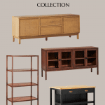 A promotional image for the Hearth and Hand with Magnolia Target Fall Collection featuring a wooden sideboard, a dark wood cabinet with glass doors, a wooden shelving unit, and a black console table with drawers. Text reads: "Hearth & Hand Target Fall Collection.