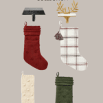 A promotional image for the Studio McGee Target Christmas Collection showcases four beautifully knit Christmas stockings in red, white with plaid, cream, and green. The display also features elegant black and gold wall mounts. Text: "Christene Holder Home.