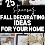 Collage of various fall decorations, including a rustic bedroom, white pumpkins, and autumnal floral arrangements. Bold text reads "25 Stunning Fall Decorating Ideas For Your Home," with a website link at the bottom: www.christeneholderhome.com.