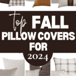 A collage of fall-themed pillow covers with patterns like plaid, stripes, plain, and leather. The center text reads "Top Fall Pillow Covers For 2024," showcasing great Fall Decorating Ideas. The bottom text reads "www.christeneholderhome.com.