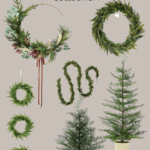 Image of various Christmas decorations from the Studio McGee Target Christmas Collection. Visible items include two wreaths, a garland, and two potted artificial Christmas trees, all featuring green foliage and festive detailing. Text reads "Studio McGee Target Christmas Collection.