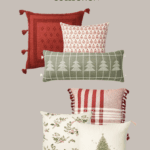 Promotional graphic for the Studio McGee Target Christmas Collection. The image displays five decorative pillows with festive designs, including red with tassels, red and white patterns, green with white Christmas trees, floral, and a cream pillow featuring a tree.