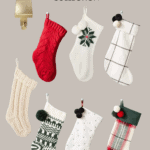 A collection of seven Christmas stockings in different styles are displayed on a beige background. The stockings feature various patterns including solid red, knit, plaid, checks, and snowflakes. The text at the top reads: "Hearth and Hand with Magnolia Target Christmas Collection".