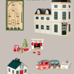 Image features the "Hearth and Hand with Magnolia Target Christmas Collection," showcasing wooden holiday-themed toys and decor. Items include a town hall, train set, advent calendar, Christmas tree, presents, and toy houses. The background is light grey, with "Christene Holder Home" noted at the bottom.