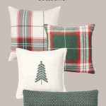 Four decorative pillows from the Hearth and Hand with Magnolia Target Christmas Collection are displayed. The designs include two plaid patterns in red, green, and white, one white pillow with a simple green Christmas tree, and one green pillow with a subtle white pattern.